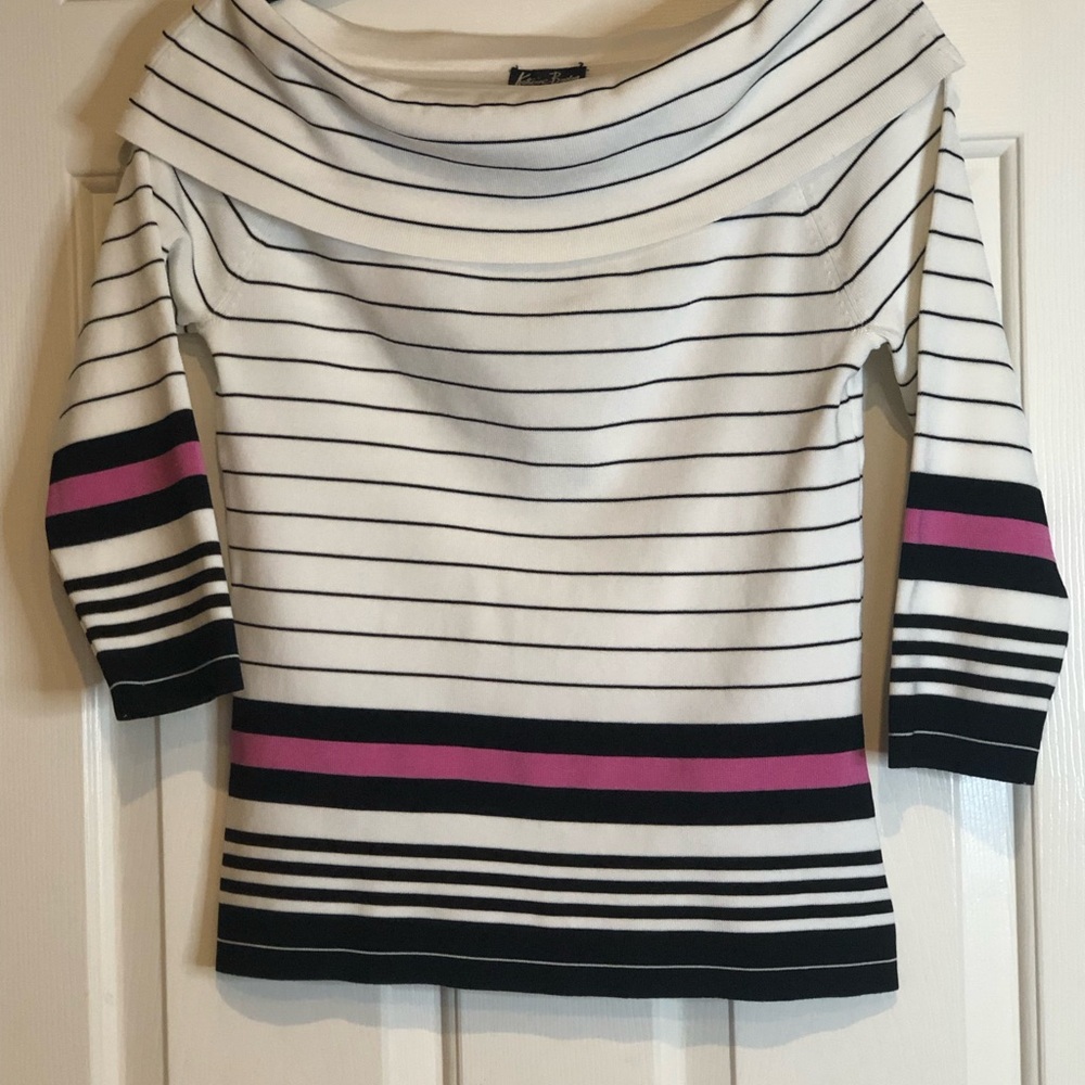 Katherine Barclay Off-Shoulder Sweater - White, Black, Pink. Mint condition.